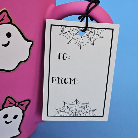 Hot Pink Ghost Halloween Mug Soft Touch Bats Bows Cobwebs & Cauldrons Coffee Cup - Picture 13 of 14